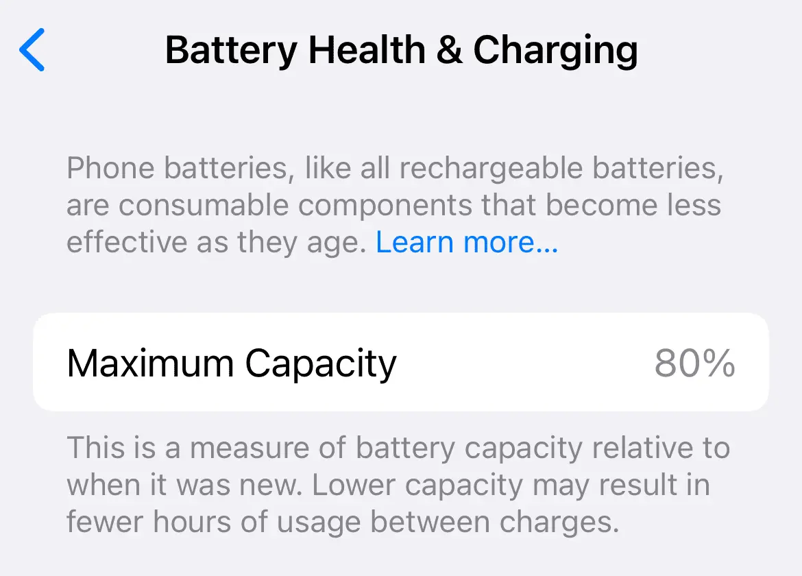 Screenshot van iPhone batterijconditie onder 80 procent