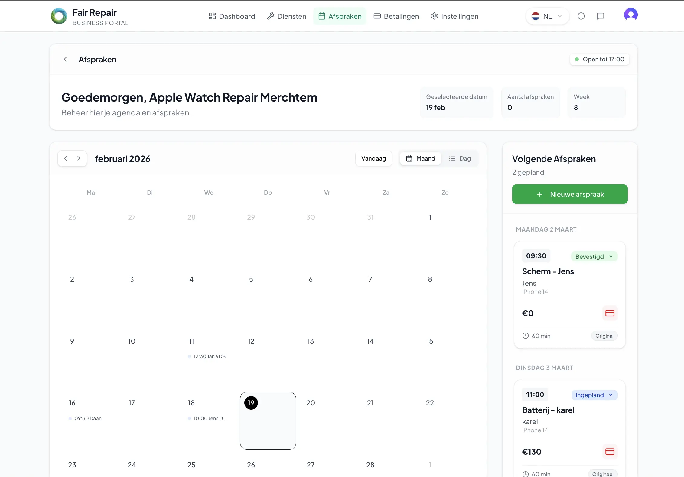 de bookingtool van Fair-Repair