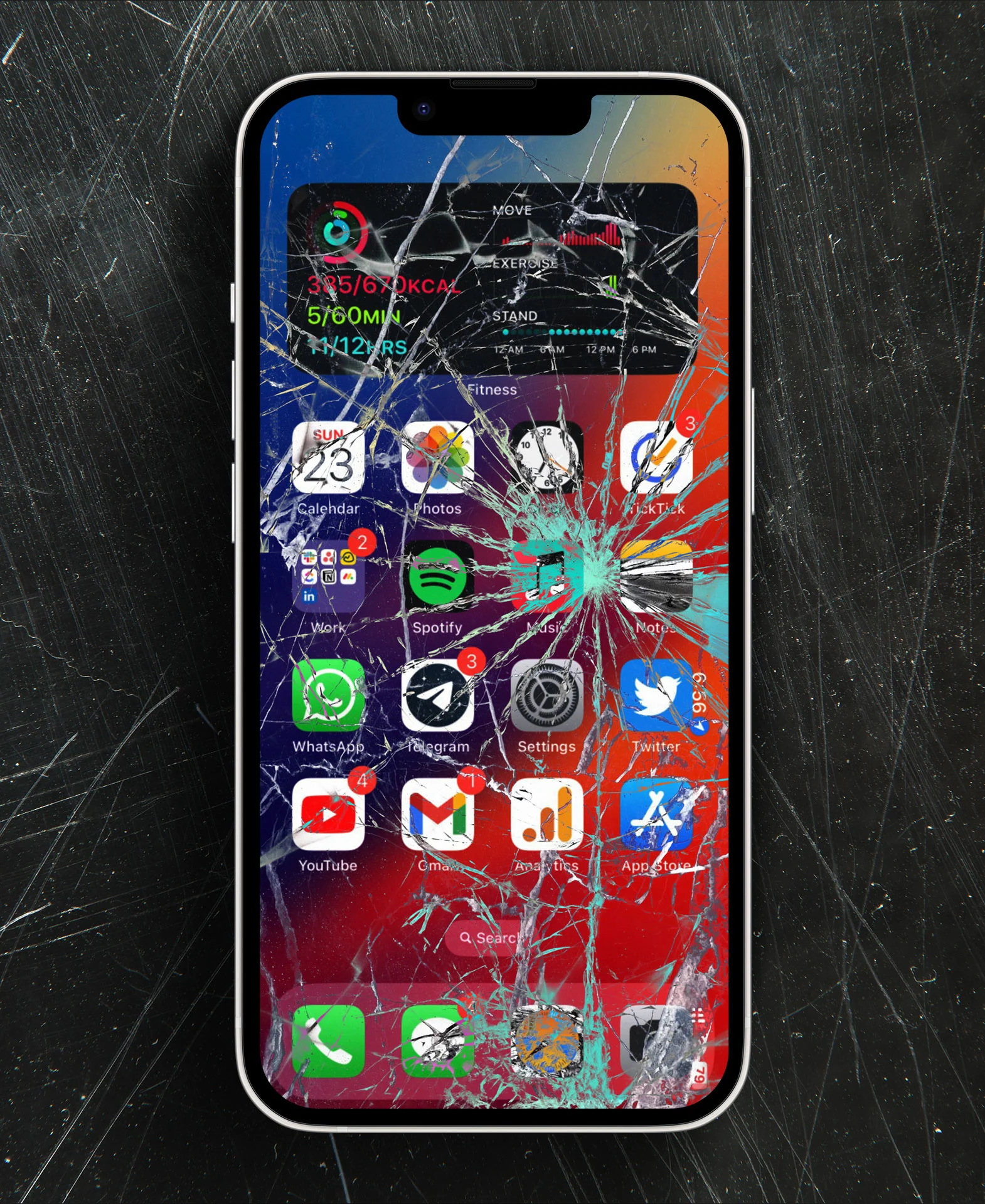 een gebarsten iPhone scherm dat in aanmerking komt om enkel het glas te laten vervangen