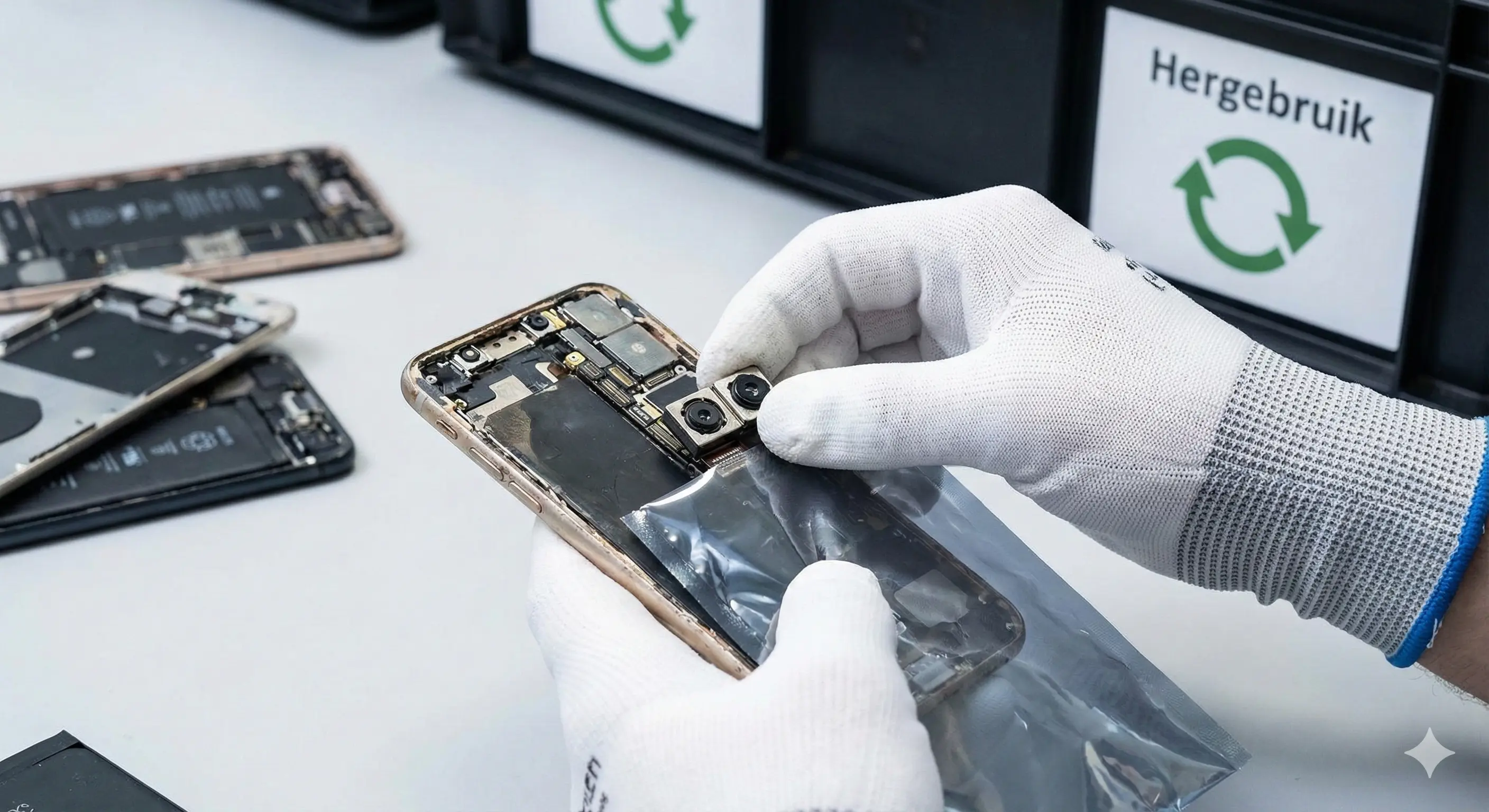 Specialist met handschoenen demonteert voorzichtig een originele camera module uit een iPhone voor hergebruik als pulled onderdeel. Op de achtergrond een bak voor Hergebruik, wat de circulaire werkwijze in elektronica reparatie benadrukt.