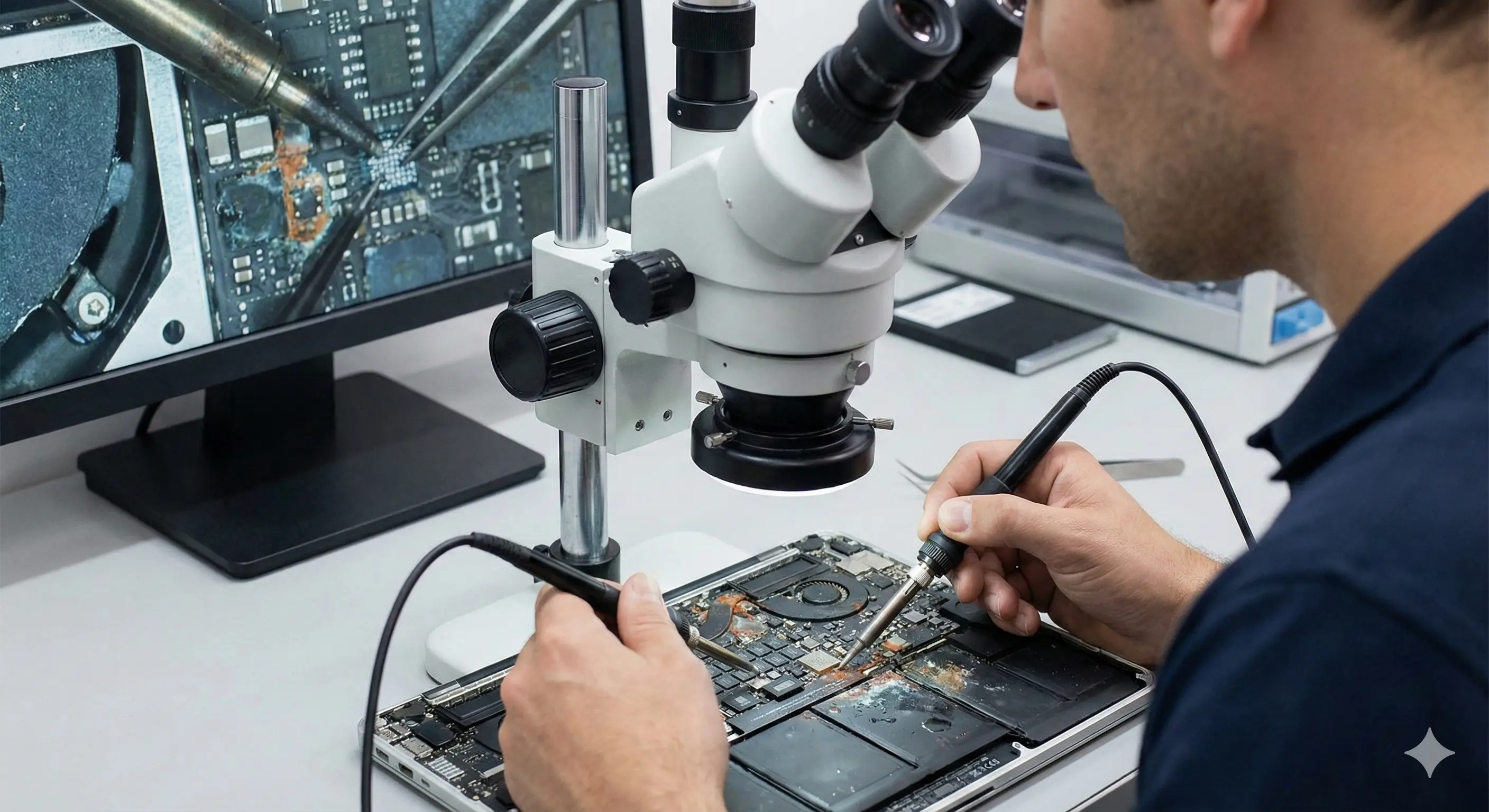 Een reparatie-expert voert nauwkeurig micro-soldeerwerk uit aan een laptop moederbord onder een stereomicroscoop. Op de monitor is een vergroting van de waterschade of corrosie op de chip te zien.