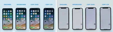 vergelijking origineel, refurbished en copy schermen voor iPhone naast elkaar