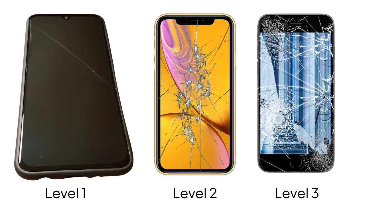 verschillende gradaties van barsten in een touchscreen van een smartphone